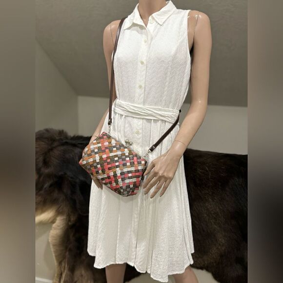 Colorful Genuine Woven Leather Kisslock Crossbody Box Bag,  Includes 2 Straps - Picture 11 of 16